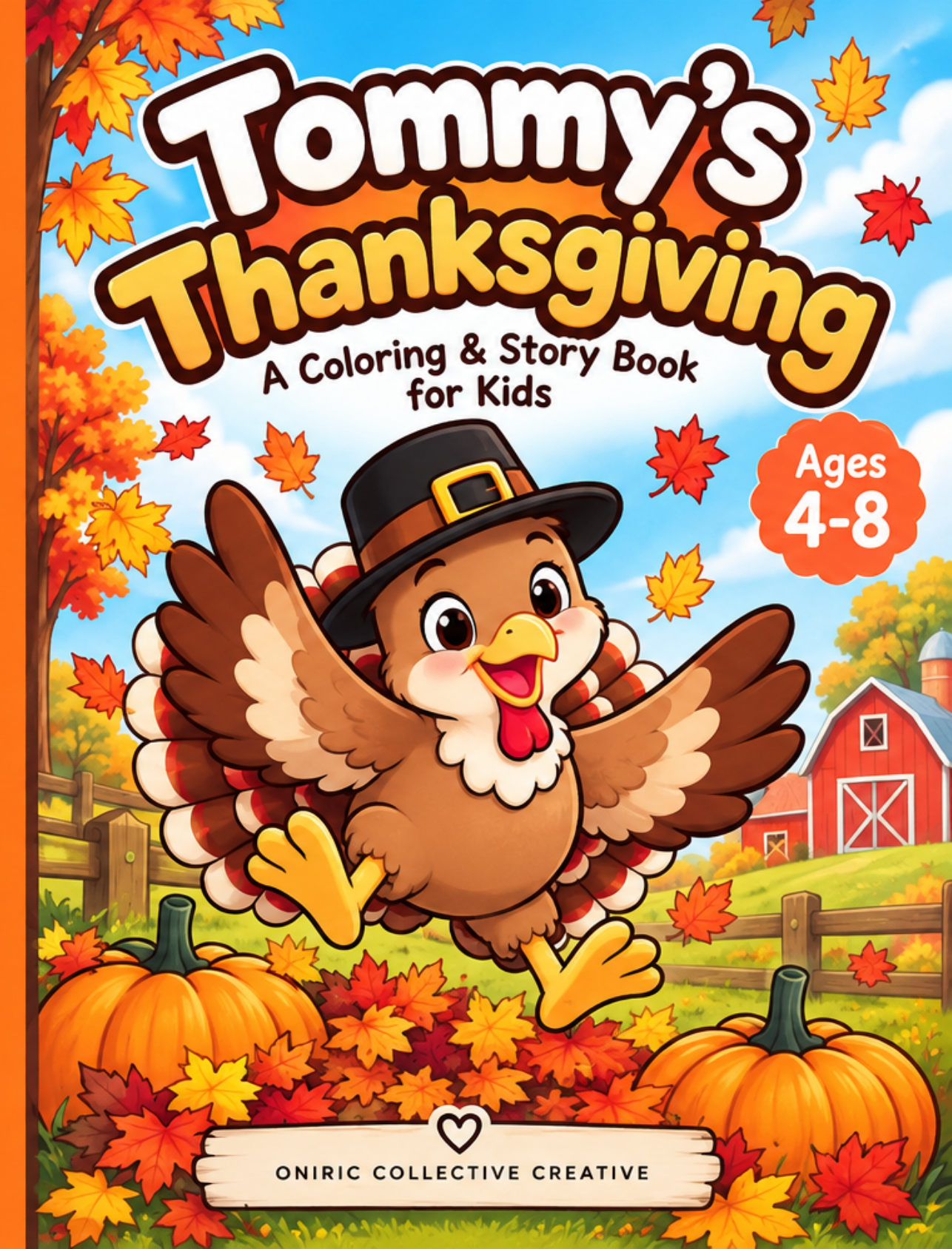 Portada de Tommy's Thanksgiving, un pavo con sombrero de peregrino saltando entre calabazas y hojas de otoño